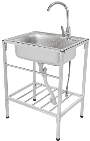 Deinungen Outdoor Garden Sink Free Standing,Single Bowl Utility Sink 60 * 45 * 15cm,with Storage Shelve Hot and Cold Tap for Restaurant, Bar, Laundry, Garage, Backyard