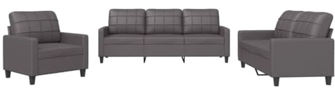 ULUYYUC 3-TLG. Sofagarnitur Kunstleder Grau, Modernes Sofa Set inkl. Sessel, 2-Sitzer & 3-Sitzer Couchgarnitur mit 6 Kissen für Wohnzimmer & Lounge, Robustes Metallgestell