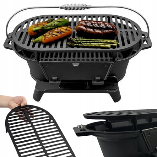 HAGE Hibachi Holzkohlegrill aus Gusseisen Tischgrill BBQ Grill mit höhenverstellbarem Grillrost, Kohlegrill für Balkon Garten Terrasse Camping, Japanischer Grill, Gusseisengrill Portable BBQ Grill