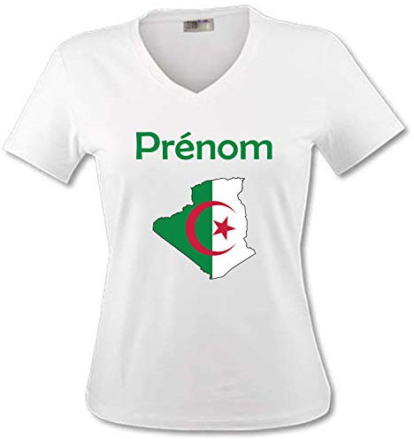 YONACREA - T-Shirt Col V Adulte - Carte Algérie avec Son Drapeau - Prénom personnalisé - Personnalisable en Ligne - M