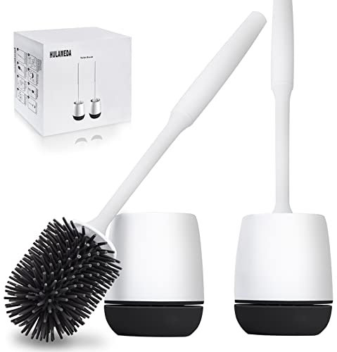 Hulameda Toilet Brush and Holder 2 Pack, Silicone Toilet Cleaning Brush with Quick Drying Holder, 4 x 5.5 Inches, Black & White, (Flooring/Mounted Wall)
