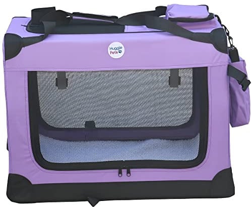 HugglePets Foldable Fabric Pet Crate Carrier - Purple (Extra Large 82cm) Lightweight & Ventilated Double Door Carrier for Dogs & Cats with Sheepskin Mat. Ideal for Home & Travel.