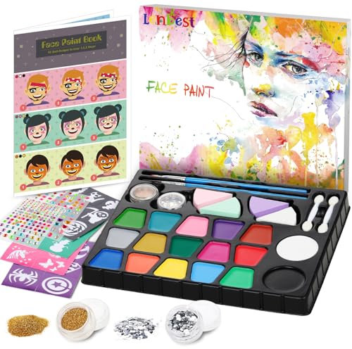 lenbest Kinderschminke Set - Schminke Kinder 17 Farben Glitzer Pinsel Make Up Schwamm Schablonen - Faschingsschminke Theaterschminke Karnevalsschminke - Halloween Fasching Karneval Schminke Kinder