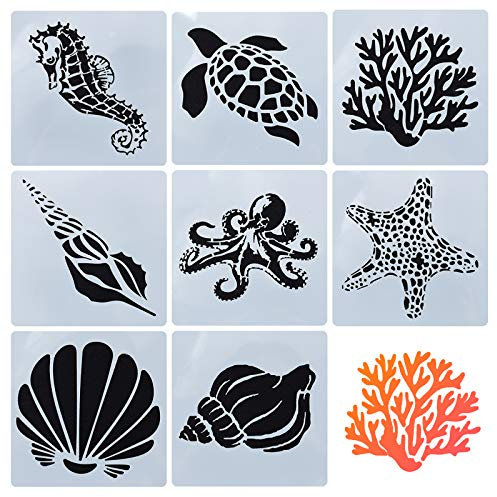 GORGECRAFT 8 Mixed Sea Animals Schablonenset 5.1x5.1 Ocean Creatures Malvorlagen für DIY Art Crafts Scrapbooking (Seestern, Muschel, Seepferdchen, Koralle, Muschel Designs)