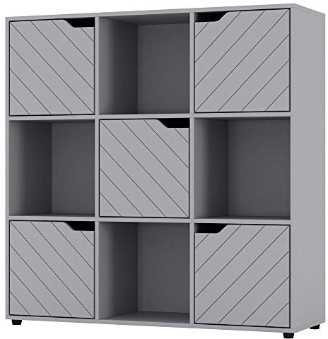 URBNLIVING Bibliothèque cube en bois gris avec portes lignées, étagère de rangement moderne (porte grise, cube 3 x 3 (9 cubes)