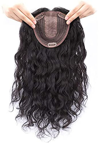 Lockiges Echthaar Crown Topper Haarteil 5 x 5,5 Clip in Top Wiglet Haarteile für Frauen mit dünner werdendem Haar, 12 rechter Teil, Schwarz