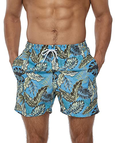 TMEOG Short de Bain Homme Maillot de Bain Surf Short de Plage Piscine Caleçon de Bain à Séchage Rapide pour Vacances avec Poche et Cordon Ajustable(Feuillage,S)