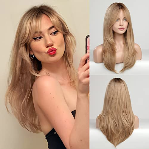 HAIRCUBE Kunsthaar-Perücke für Damen, lang, blond, geschichtet, mit braunen Wurzeln