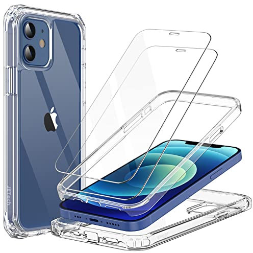 JETech Case for iPhone 12/12 Pro 6.1-Inch with 2-Pack Tempered Glass Screen Protector, 360 Full Body Shockproof Bumper Phone Cover Protective Clear Back (Clear)