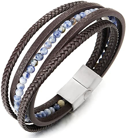 COOLSTEELANDBEYOND Multi-Strang Armband Edelsteine Wulst Kette Braun Geflochtene Leder Schweißband Edelstahl Magnetverschluss