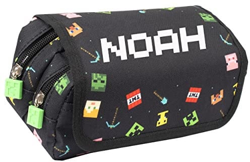 MINECRAFT - Großes Federmäppchen - Personalisiertes Design Jungen Federmäppchen - 2 geräumige Fächer - Tragegriff - Schreibwarenbedarf für Kinder - Schwarz