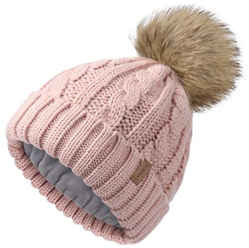 FURTALK Winter Beanie Mütze Damen Bommelmütze Gefüttert Kunstpelz Pom Pom Hüte Frauen Warm Stricken Schädeldecke
