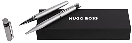 Hugo Boss Schreib-Set Loop Diamond Chrome Kugelschreiber & Tintenroller aus Messing hergestellt, Farbe: Pastellgrau/Silber, Abmessungen: 200 x 62 x 34 mm, HPBR367B