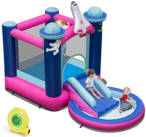 COSTWAY Inflatable Bounce House, Kids Bouncy Castle with 480W Blower, Splash Pool and Carrying Bag, Blow up Jumper for Indoor Backyard Playground
