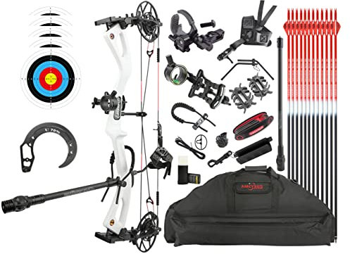 surwolf Carbonfaser Compoundbogen, Jagd und Zielen, Bogenschießen Compoundbogen, Zuggewicht 0–70 lbs einstellbar, IBO Geschwindigkeit bis zu 345 FPS, Bogenschießen Jagdbogen (weißes Set)