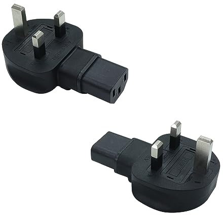 RIIEYOCA 90 Degree UK Plug to IEC C13 Adapter,IEC320 C13 Female to UK England BS1363 3 Prongs Plug Adapter Converter for Desktop PC, Monitors, Printers - Black (2 Pack)
