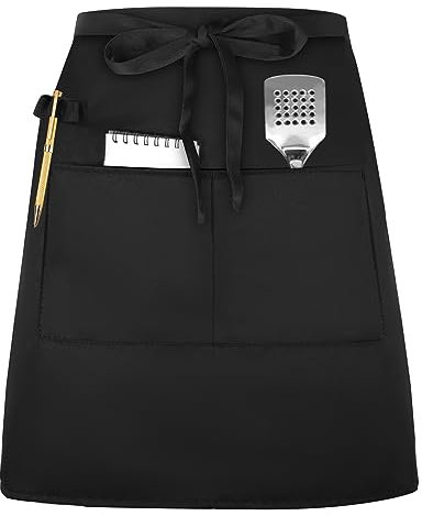 Delantal Camarero Negro 45x65cm Porta Bolígrafos 2 Bolsillos para Mujeres Hombres en Cocina Cafetería Restaurante Bar