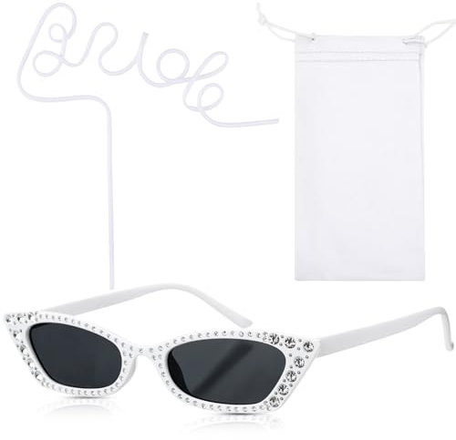 Umigy Lunettes de soleil pour enterrement de vie de jeune fille avec paille blanche et strass pour fête de mariage, cadeau de future mariée (tendance)