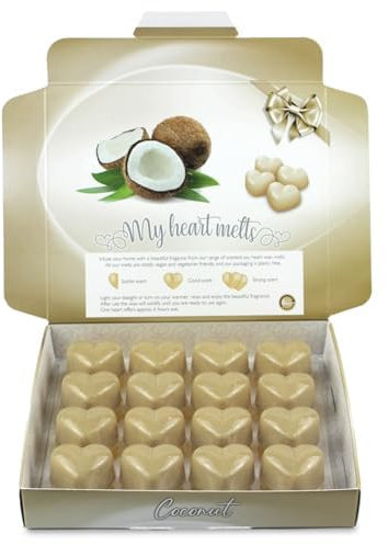 Coconut Wax Melts - 16 x 6g Heart Shaped, Tropical Coconut Scented Wax Melts in an Elegant Presentation Gift Box - Spotless Leopard