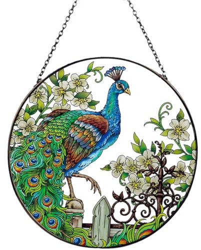 Pfau Anhänger Sonnenfänger mit Kette 16.5zm*16.5zm Rund Kristall Fensterdeko Windspiel Hängend Ornamente für Zuhause Garten Outdoor Geschenk (Pfau)