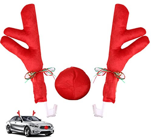 Uozonit 3 Stück Rentier Auto Weihnachtsdekor, Auto Weihnachten Deko Rentier Geweihe und Rote Nase, Weihnachten Rentier Fahrzeug, Rentier für Auto, Rentier Deko Weihnachten für Auto SUV Van Truck