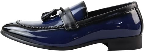 Mocassini da uomo foderati in pelle verniciata, con nappe, per abiti formali, Blu, 40 2/3 EU
