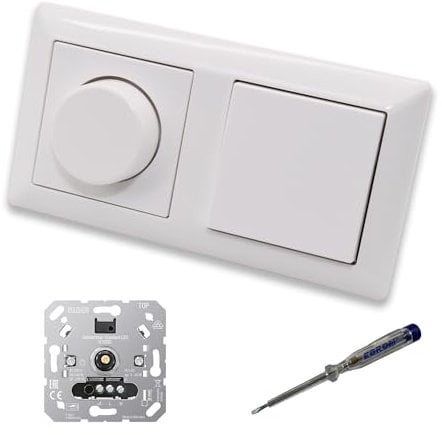 EBROM SET IDEE: JUNG 1730DD LED Drehdimmer Dimmer + Dimmerscheibe A1740WW und Lichtschalter 506U in alpinweiß glänzend inklusive EBROM Phasenprüfer zur Montage der Geräte u.A. 1730 DD