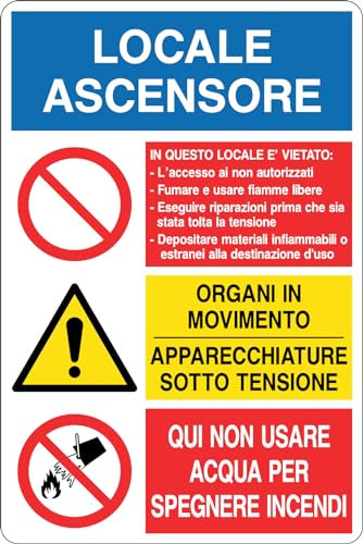 GLOBAL CARTELLO SEGNALETICO MULTI - LOCALE ASCENSORE DIVIETI/PERICOLI - Adesivo Resistente, Pannello in Forex, Pannello In Alluminio (Adesivo, 20x31 cm)