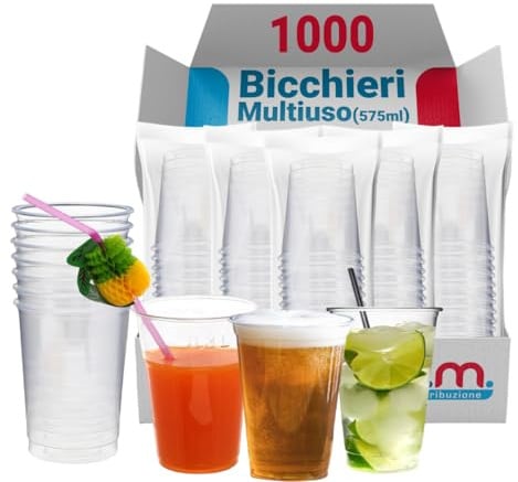 G.M. DISTRIBUZIONE 1000 Bicchieri da 575 Ml Trasparenti in PET Riutilizzabile, Lavabili, Per Cocktail, Birra, Granite, Frappe, Bicchieri Multiuso per Bar e Lounge Bar