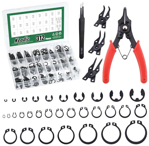 Keadic Lot de 312 bagues de sécurité externes M4-M28 avec clip en C et [1,5 mm à 10 mm] E-Clip Assortiment de circlips et pince à circlips avec pince (acier allié)