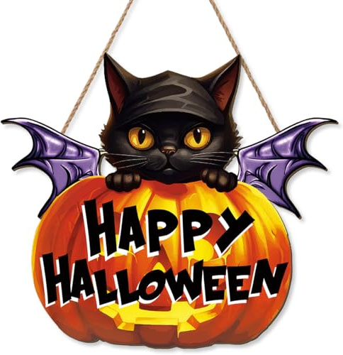 CHDITB Frohes Halloween Holz Schild Deko - Niedliche Türschild Mit Fledermaus, Schwarze Katze Und Kürbis - Wanddekoration für Veranda, Haus, Wand Und Bauernhaus Party