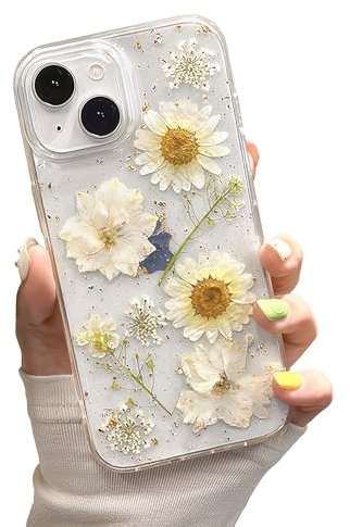 IAIYOXI for iPhone 11 Clear Case with Pressed Real Flowers Design - Glitter Cute White Floral Pattern, Slim Soft TPU Protective Phone Cover for Women and Girls (iPhone 11, Clear White)