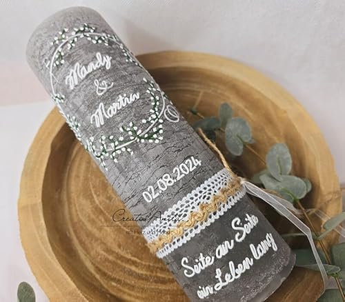 Hochzeitskerze Rustik anthrazit - zarter Blütenkreis weiß-silber Schleierkraut mit Trauspruch und Teelichteinsatz