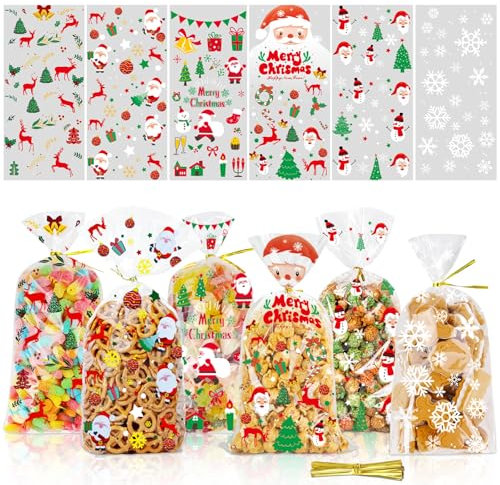 Plätzchentüten, 120 Kekstüten Weihnachten, Weihnachtstüten zum Befüllen, Cellophantüten, Süßigkeiten weihnachten Tüten mit Twist Krawatten für Kekse, Schokolade, Süßigkeiten