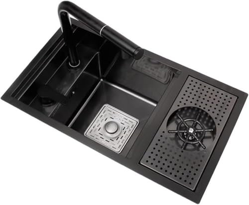 ZHENCHAO Fregadero de Cocina Lavadora de Taza Oculta de Acero Inoxidable Fregadero Nano Isla Central Mini Lavabo Fregadero Individual con Grifo extraíble frío y Caliente (Color: Negro, Tama