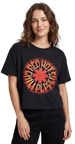 Red Hot Chili Peppers Flame Black Cropped Graphic Tee for Women | Short Sleeve T-Shirt | Rock Band Flame Logo Apparel Gift Idea | Alternative Music Merchandise for Women