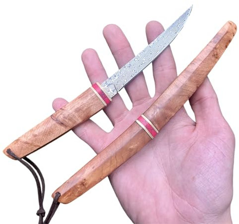 Obespina Petit Couteau Lame Acier Damas Style Japonais Avec Son Étui Intégral Bois Stabilisé