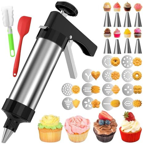 Gebäckpresse Für Spritzgebäck, Edelstahl Kochpressen Spritzgebäck Presse, Teigspritze Kekspresse Spritzgebäck Maschine, Gebäckpresse Mit 13 Scheiben Und 8 Zuckerguss-Spitzen Für Kuchen Kekse