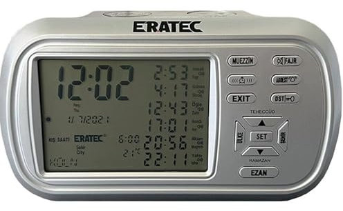Shov Ezan Saati Silber – Automatische Azan Gebetsuhr, 8 Azan-Stimmen, Hijri- & Kalender, Wecker & Qibla-Kompass AZ-6500 (Silber)