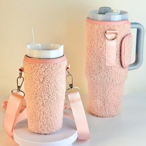 AtEaze Stanley Tasche | Fleece | Pink | Wasserflaschen Tragegurt | Stanley Cup Tragetasche mit Verstellbarem Schultergurt | Für 40oz Stanley Quencher | Geeignet Zum Wandern Laufen Radfahren (Pink)