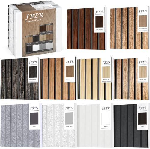 JBER 10Pack Acoustic Panels, 10 Color Samples 3D Self-Adhesive Fluted Slat Sound Proofing Panels for Walls, Decorative Wood Grain Printing Wall Panels for Recording Studio, Offices, Home, 20×20×1cm
