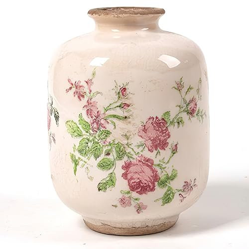 SYDDOL White Ceramic Vase, Small French Country Style Porcelian Vase Hand Painted Floral Design with Vintage Crackle Glaze for Wedding Dinner Table Office Bedroom - 5.5 Inch / 14 CM (Pink Floral)