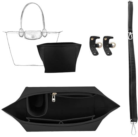 Vauki Organizer für Longchamp Tasche L - 7-Fach Innentaschen-Set mit Tragegurt inkl. 2 Clips,Schwarz,Multipocket Design, Anpassbare Aufteilung für Longchamp Pliage