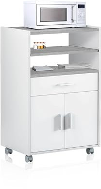 duehome | Mueble Auxiliar de Cocina con Ruedas, Mueble Microondas, Modelo Stella, Acabado en Blanco Artik y Cemento, Medidas: 59 cm (Ancho) x 92 cm (Alto) x 40 cm (Fondo)