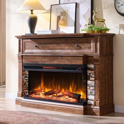 RedLemon Soporte de TV con chimenea de vidrio de 3 lados para televisores de hasta 65 pulgadas, 52 pulgadas, chimenea eléctrica con chimenea, centro de entretenimiento Highboy Farmhouse de 36 pulgadas