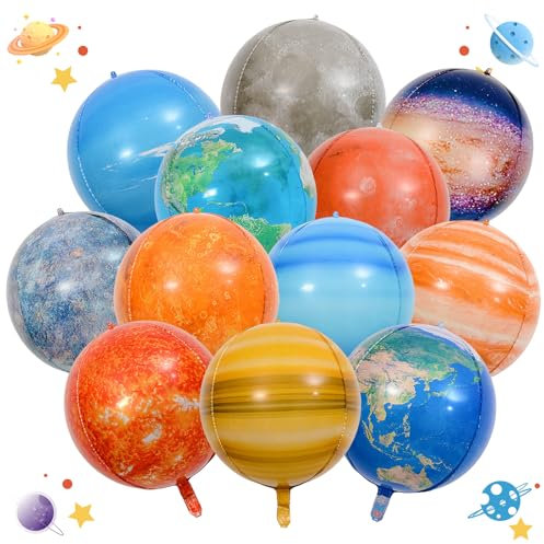 12 Stück Weltraum Luftballons, 4D Planeten Luftballons, 22 Zoll luftballons für Weltraum Themen Party Deko, Weltraum Kindergeburtstag Deko Ballon, Sonne Erde Mond Planeten Folienballon