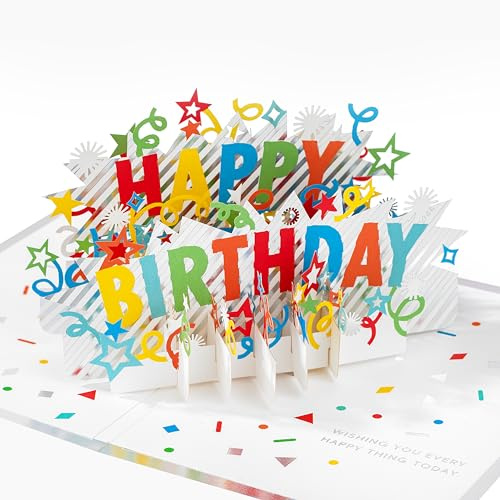 Hallmark 3D Pop Up Birthday Card, Birthday Banner, Rainbow Stripes | Red, Yellow, Blue, Green, 9.2cm x 23.9cm x 17.3cm, Silver Foil, Laser-cut Design, White Envelope