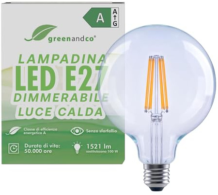 greenandco Lampadina a filamento LED | trasparente | dimmerabile | E27 G125 | 7,2 W 1521 lm | sostituisce 100 W | 3000 K bianco caldo | 320° | 230 V | senza sfarfallio | Classe energetica A