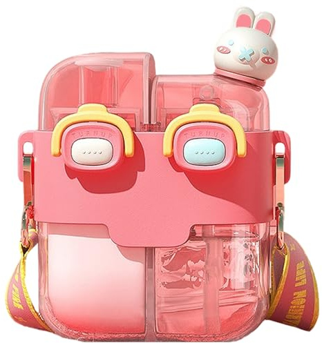 Lawnrden Bouteille d'eau mignonne pour enfants, bouteille d'eau kawaii double chambre avec paille et sangle et verrouillage 530 ml de fuite portable pour les voyages de sport scolaire, rouge