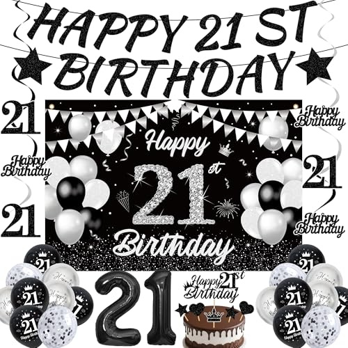 21st Birthday Decorations Boy Black - 30 Pcs Silver Party Decorations including Happy 21st Birthday Banner, Backdrop, Hanging Swirls and Number 21 Balloon for Boys 21 Years Old Party Supplies